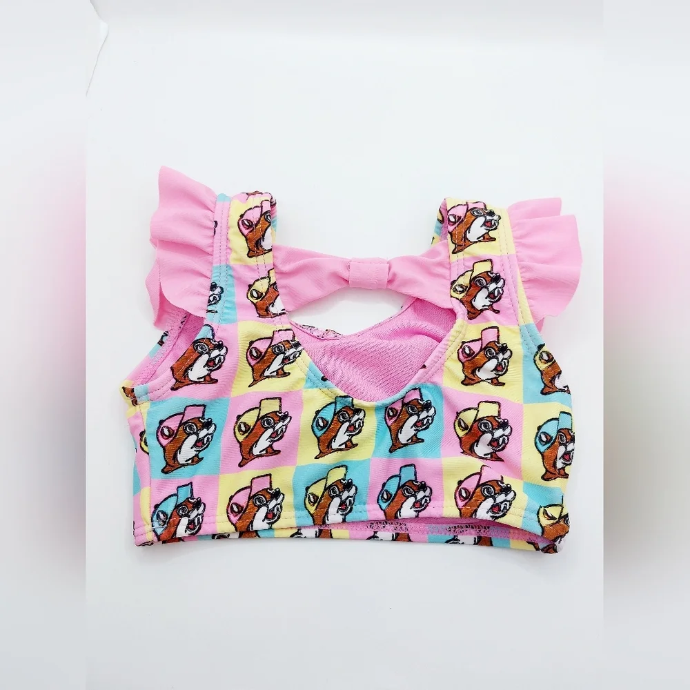 Bucees Beaver‎ Checkered Pink Yellow Blue Ruffle Baby Swim Top Sz 3-6 Mo
